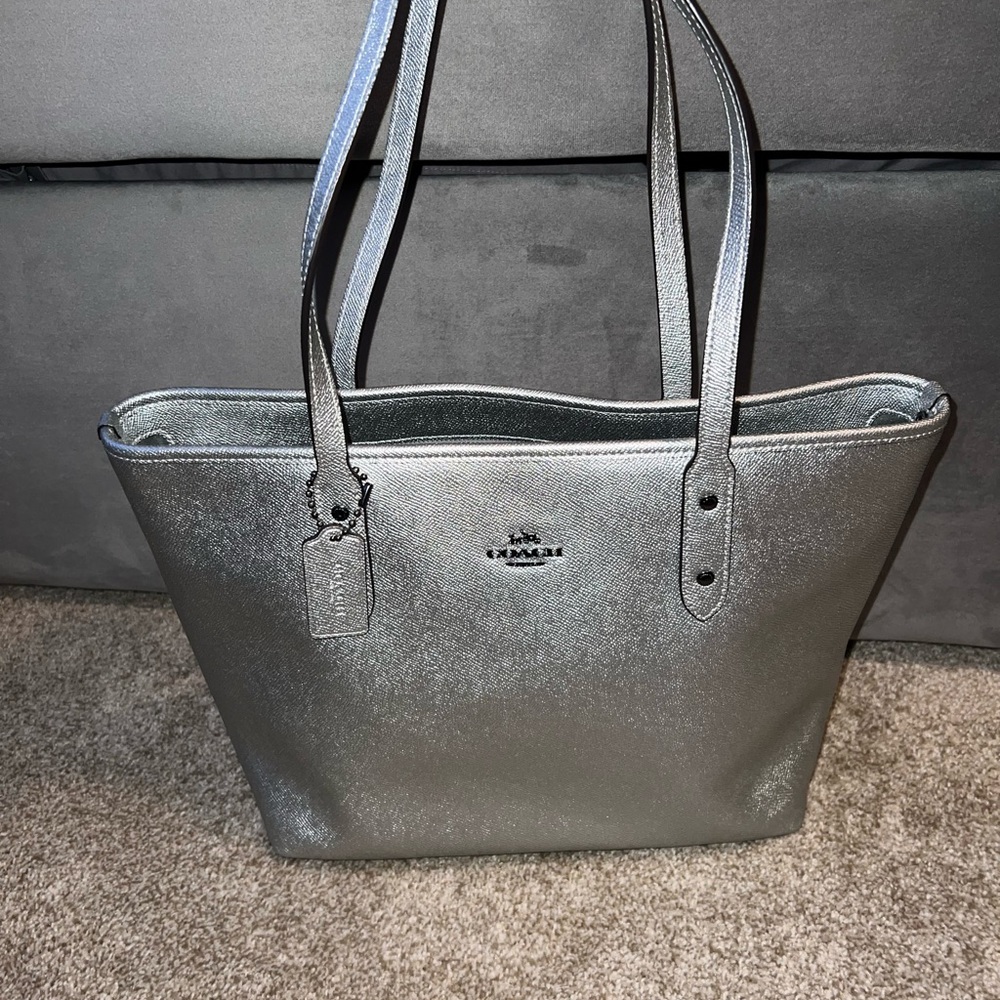 Silver Coach Zip Top Tote